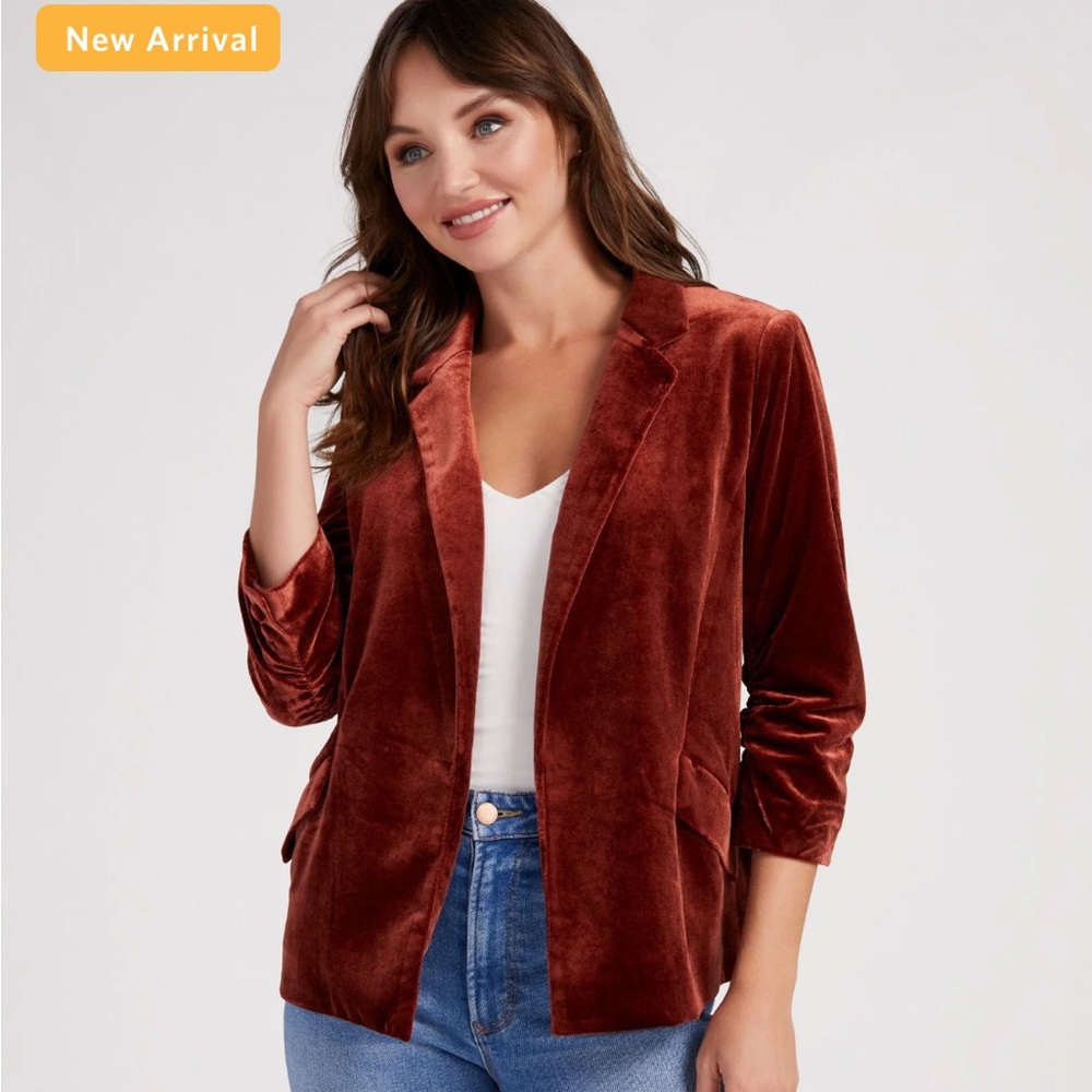Skies Are Blue Ruched Velvet Blazer- Amber Rust